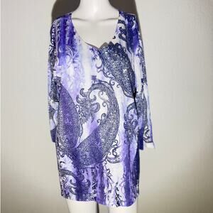 Chico’s Purple Paisley Tunic • 3/4-Sleeve V‑Neck • Size L